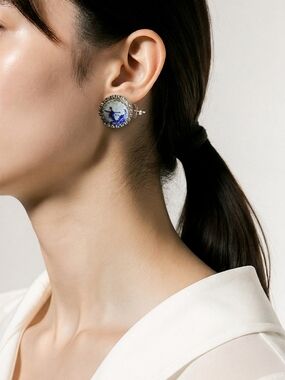 Blue Delft Holland Windmill Sterling Silver Earrings Vintage Stud